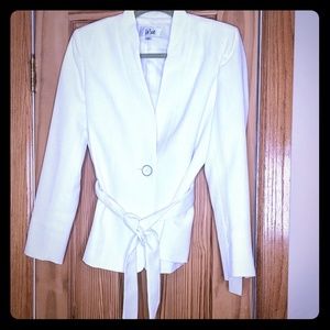 White Lined Linen Blazer Button & Belted